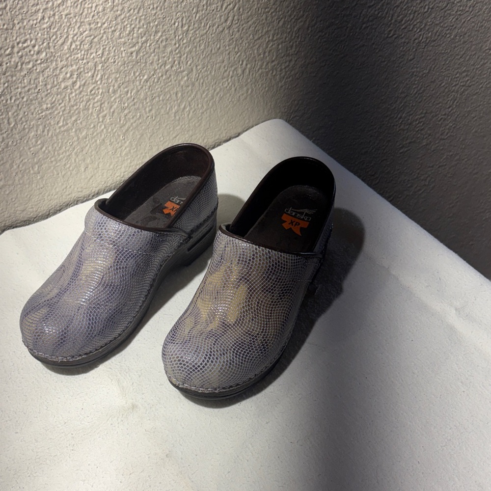 Dansko Lavender Gray Snake-Print Clogs